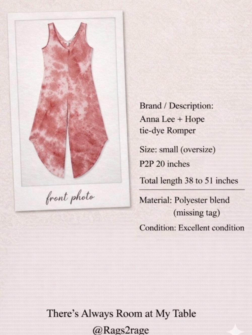 Anna Lee + Hope Tie Dye Romper Pink Small Oversized Flowy - Picture 4 of 4